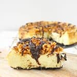 slice of samoa cheesecake focusing on toasted coconut topping