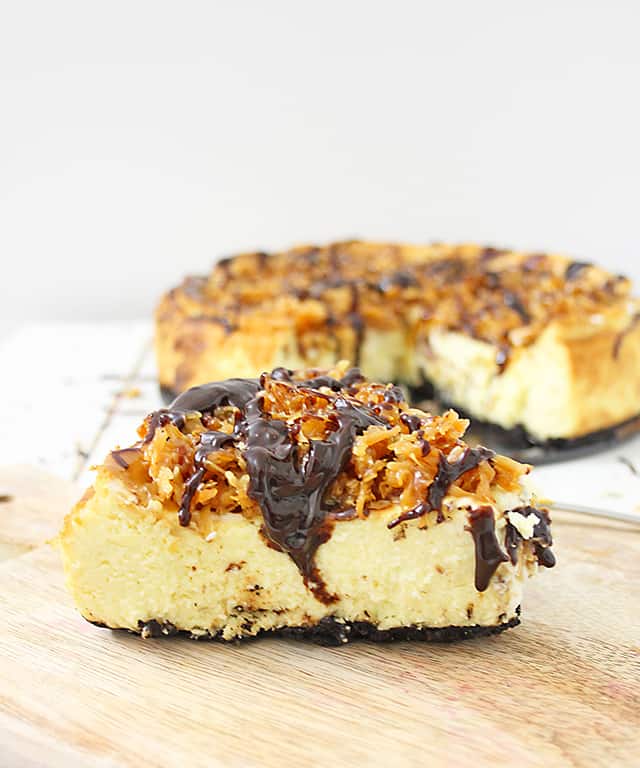 slice of samoa cheesecake focusing on toasted coconut topping