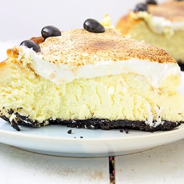 close up of espresso cheesecake on white/blue dessert plate