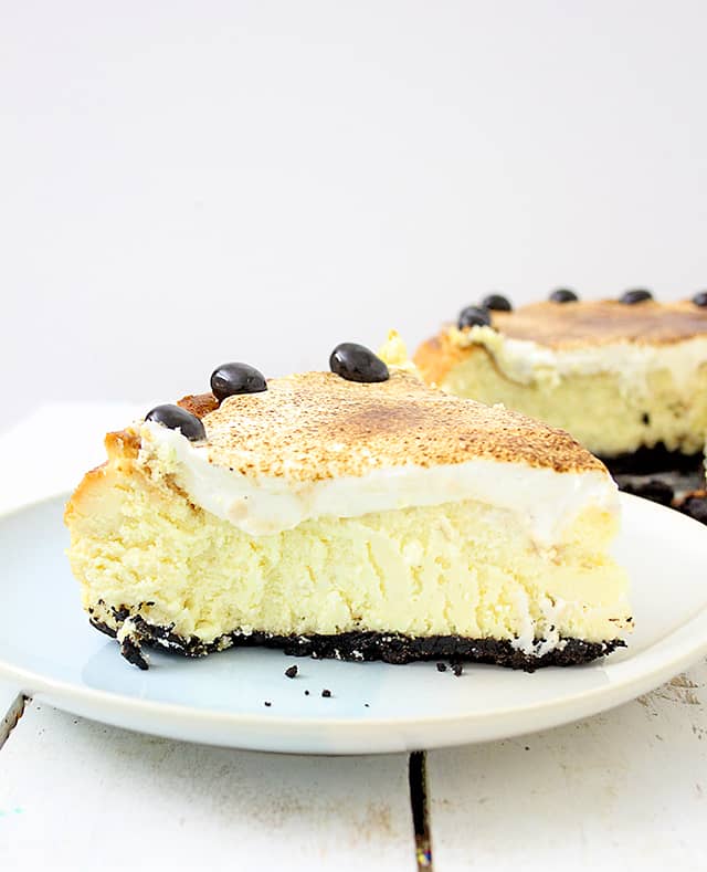 slice of espresso cheesecake on a white and blue plate