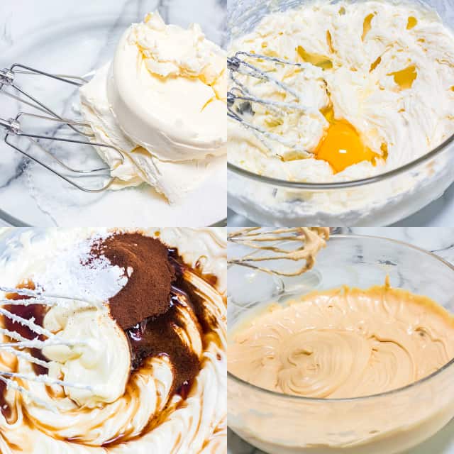 collage of photos on how to make the cheesecake batter