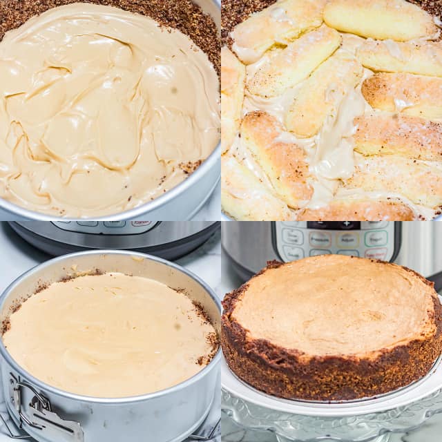 Collage of photos to show how to assemble the tiramisu cheesecake