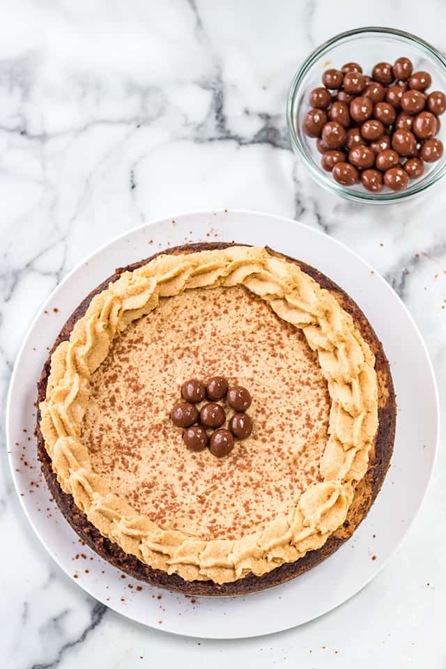 overhead photo of whole pressure cooker tiramisu cheesecake on a white platter with chocolate covered espresso beans next to it