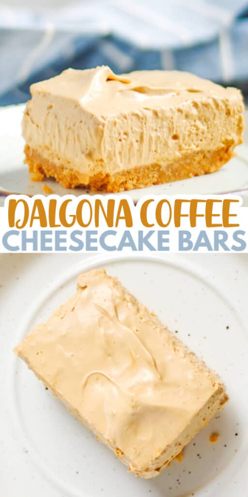 collage of two photos of cheesecake bars on a white plate with text in the middle