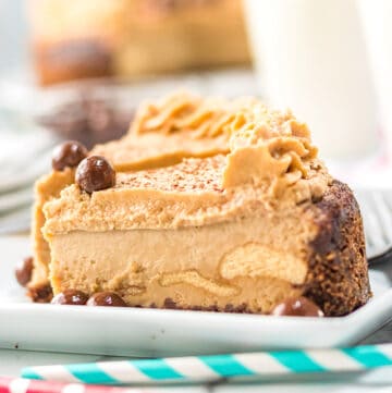 photo of the side of tiramisu cheesecake with ladyfingers on a white plate with pink and blue straws