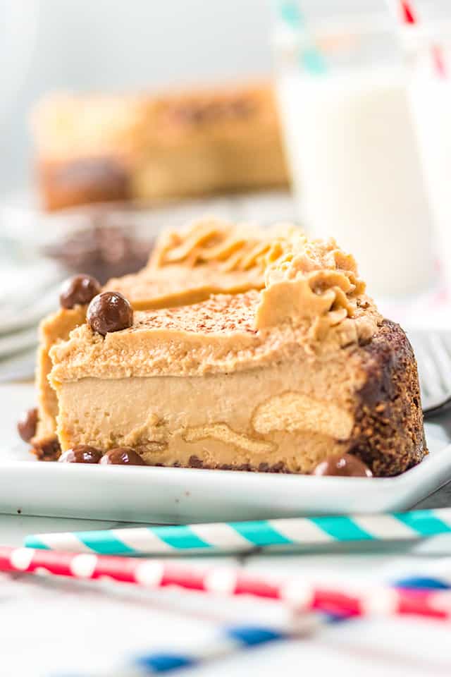 photo of the side of tiramisu cheesecake with ladyfingers on a white plate with pink and blue straws