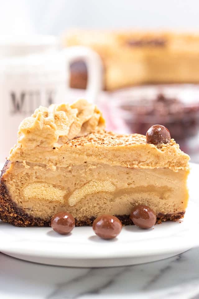 closeup of Instapot tiramisu cheesecake on a white plate with coffee mug behind it