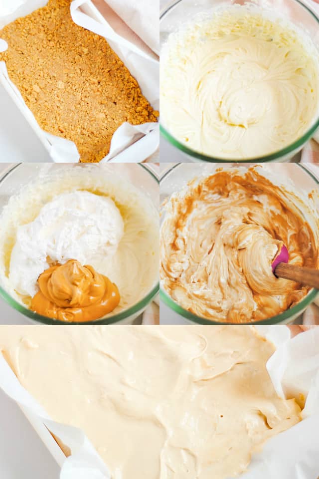 collage of step-by-step photos on how to make dalgona coffee cheesecake bars - ingredients in a bowl