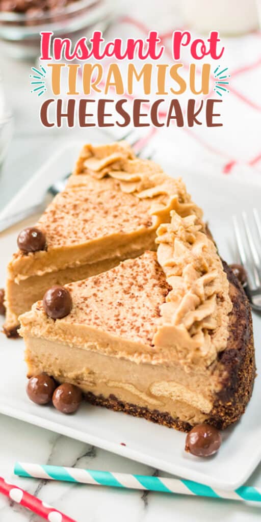 pinterest image of twi slices of tiramisu cheesecake with text