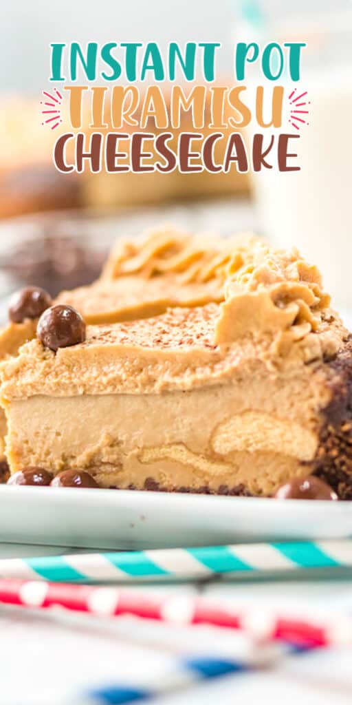 pinterest close up image of tiramisu cheesecake with text