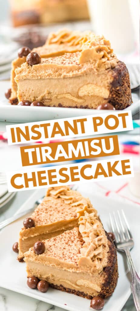 pinterest collage of tiramisu cheesecake with blocks of text