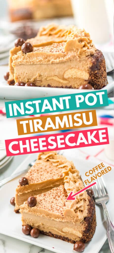 pinterest collage of tiramisu cheesecake with blocks of text