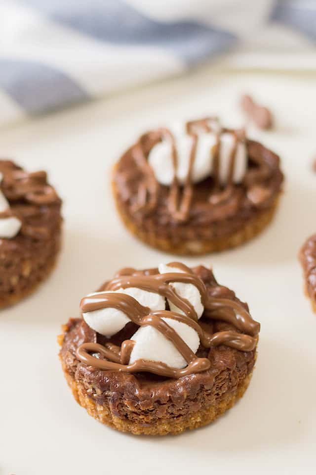 close up of s'mores mini cheesecake with striped linen