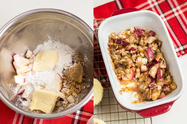 collage of photos showing ingredients in a metal bowl and then baked in a dish