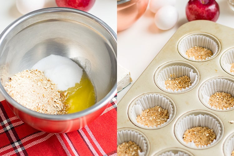 collage showing the pretzel crust ingredients in a metal bowl and then in a cupcake pan