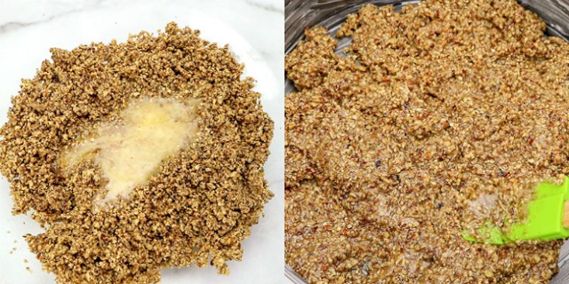 collage of photos showing how to make pecan crust and press it into a pan