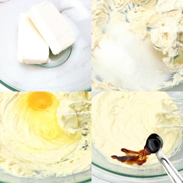 collage of step-by-step photos on adding ingredients and mixing cheesecake batter