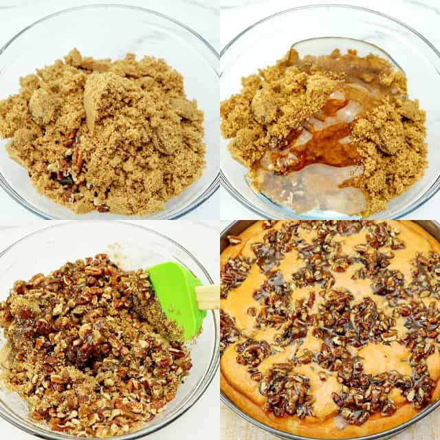 step-by-step photo collage of adding ingredients and mixing up the pecan pie topping