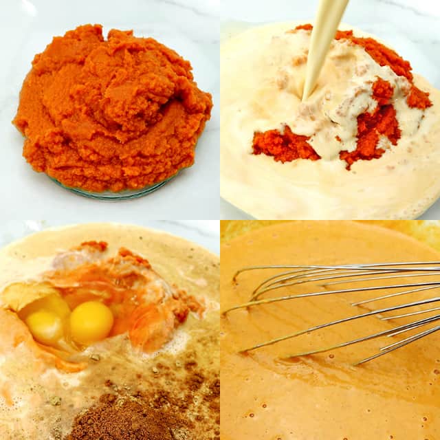 step-by-step photo collage of adding ingredients and mixing up the pumpkin pie layer