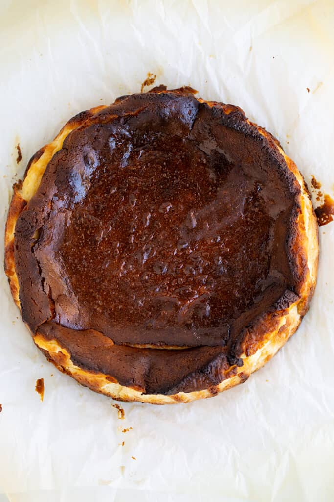 overhead photo of cheesecake on the parchment paper