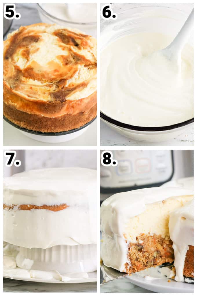 collage showing step by step on how to frost and slice the carrot cake cheesecake