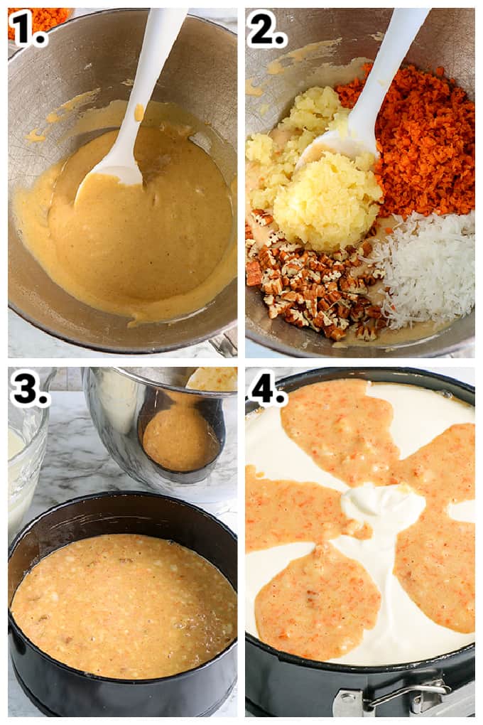 collage on step by step photos of how to make the carrot cake cheesecake