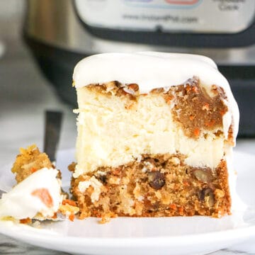 slice of cheesecake on a small white plate with an instant pot behind it