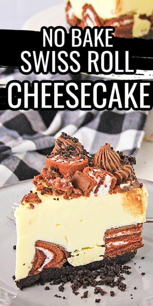 zoomed in image of a slice of cheesecake with text at the top for the recipe name