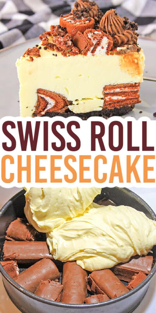 collage showing a slice of cheesecake and pouring the filling into a pan with swiss rolls in it